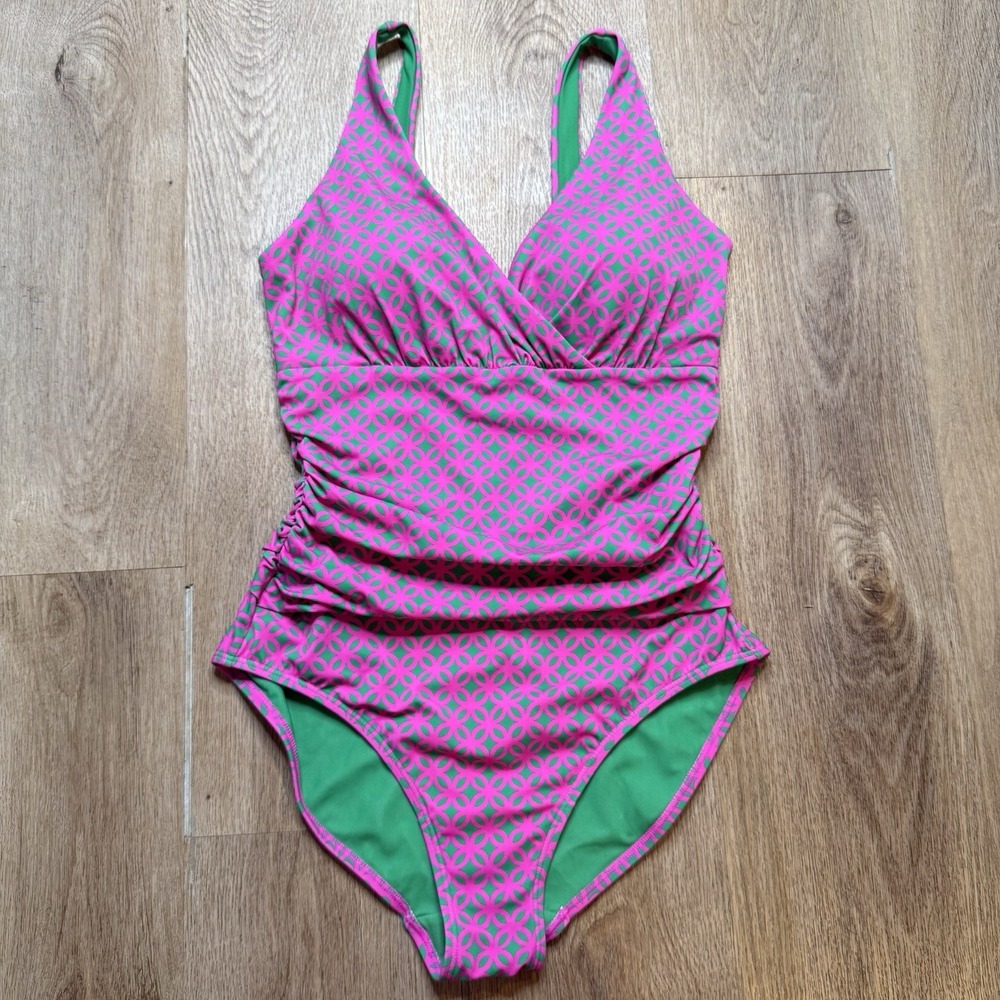 Boden Talamanca Ruched Magenta Green Swimming Padded One Piece Swimsuit Size 8R